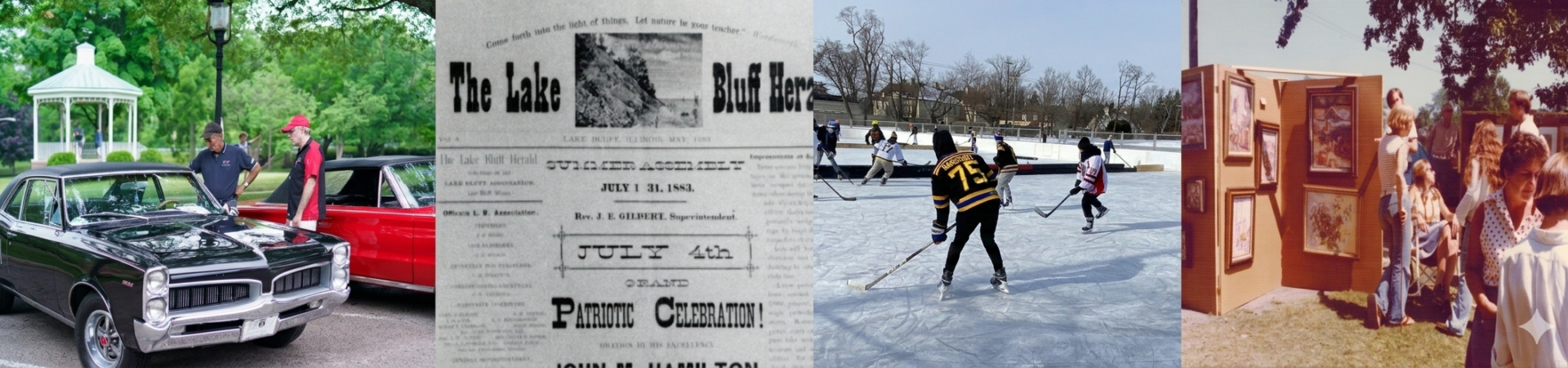 Collage of various Lake Bluff events from the past plus this year's pond hockey in Lake Forest